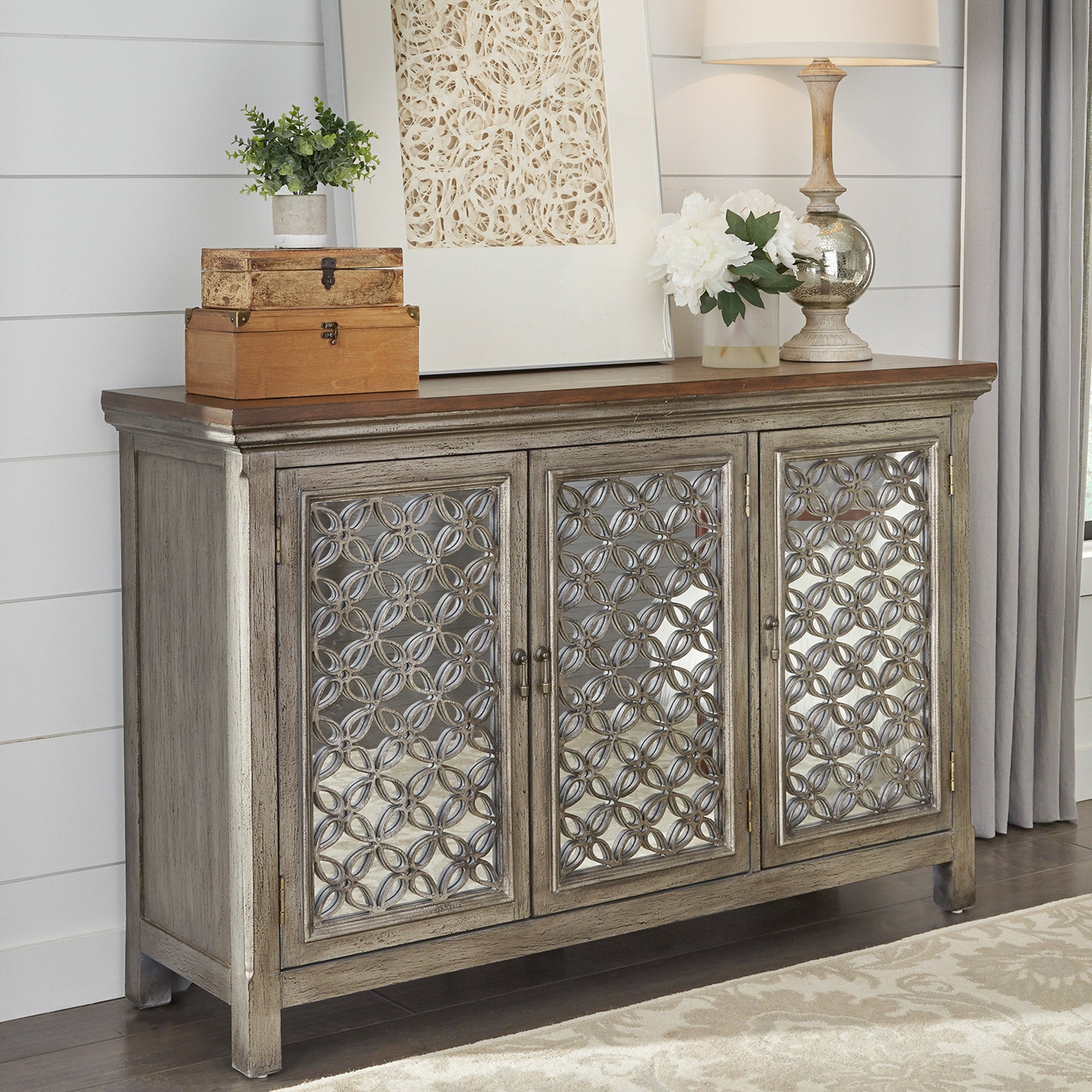 Westridge Wirebrushed Gray White Worn Wood 3 Door Accent Cabinet