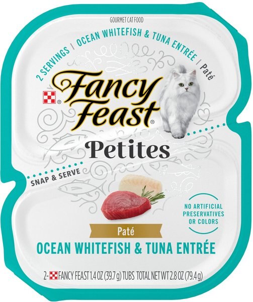 Purina Fancy Feast Gourmet Pate Wet Cat Food， Petites Ocean Whitefish and Tuna Entree， 2.8-oz tub， case of 12， 12 count