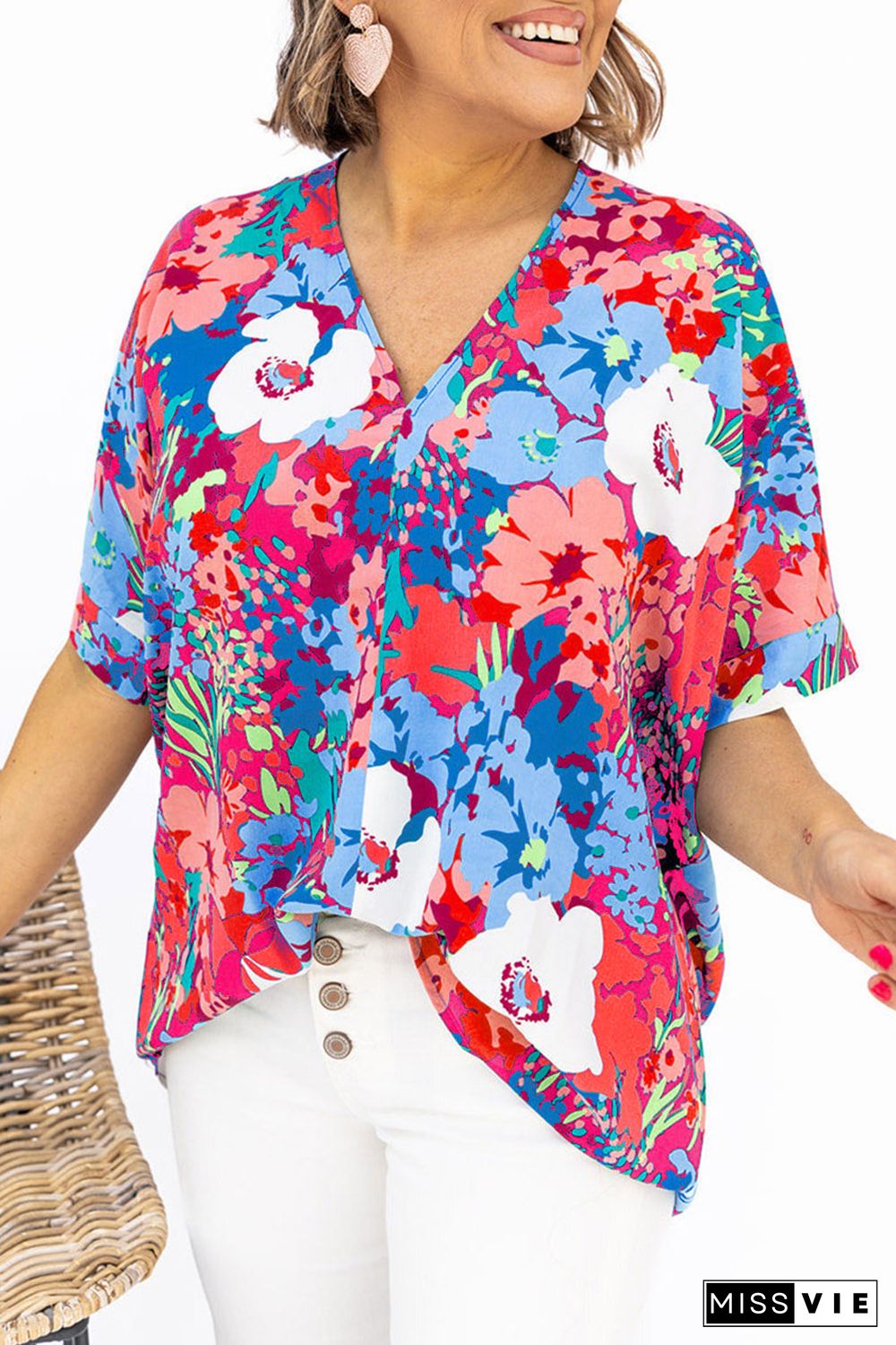 Sky Blue V Neck Dolman Sleeve Plus Size Floral Blouse