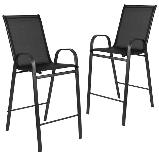 Emma And Oliver 2 Pack Black Outdoor Barstool With Flex Comfort Material And Metal Frame