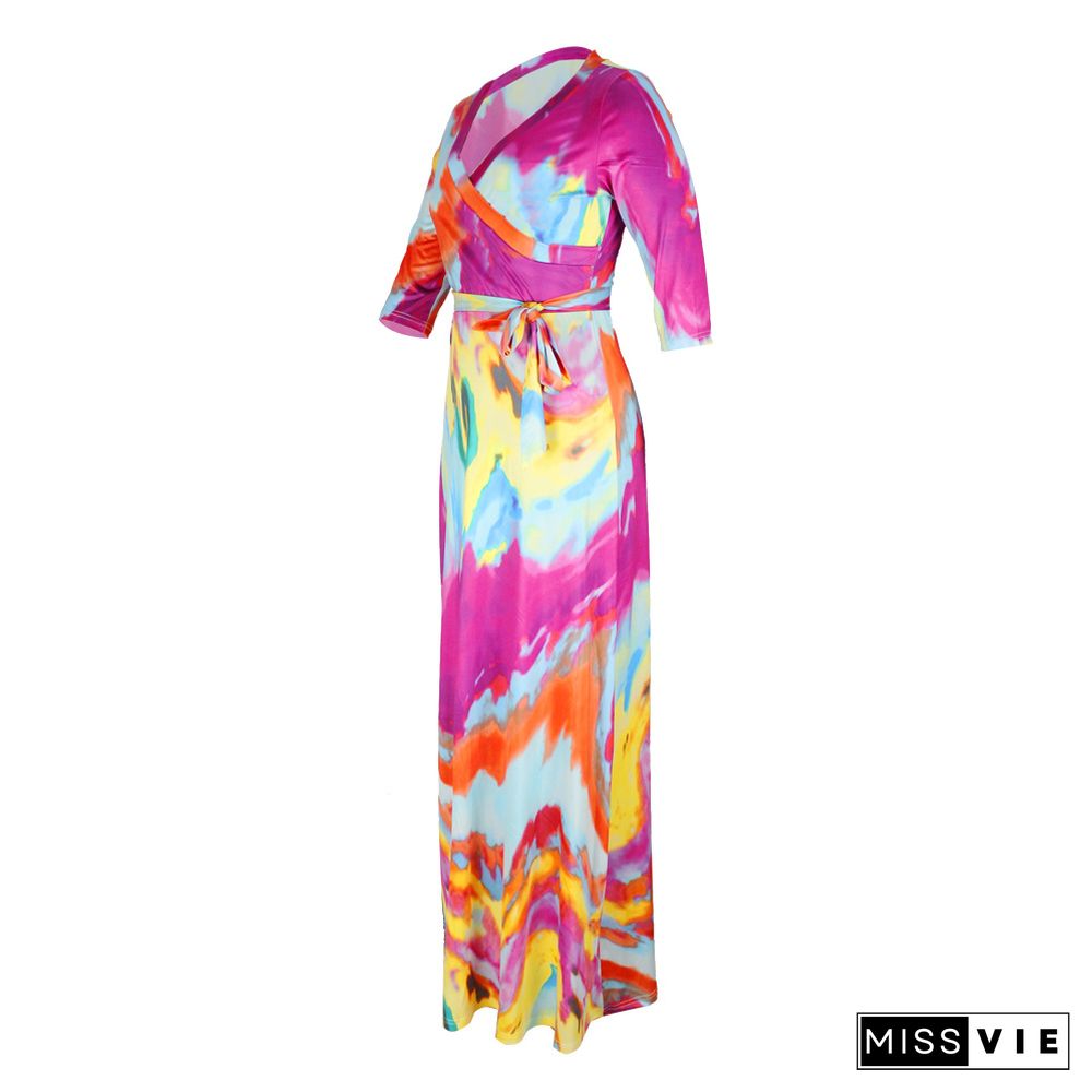 Elegant Abstract Printed Women Three Quarter Sleeve V Neck Bandage Summer Vacation Maxi Dress