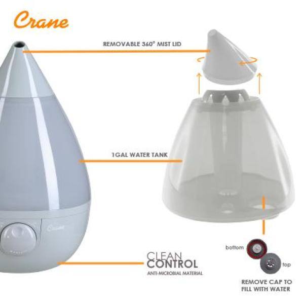 Crane 1 Gal. Drop Ultrasonic Cool Mist Humidifier for Medium to Large Rooms up to 500 sq. ft. - Grey EE-5301GR