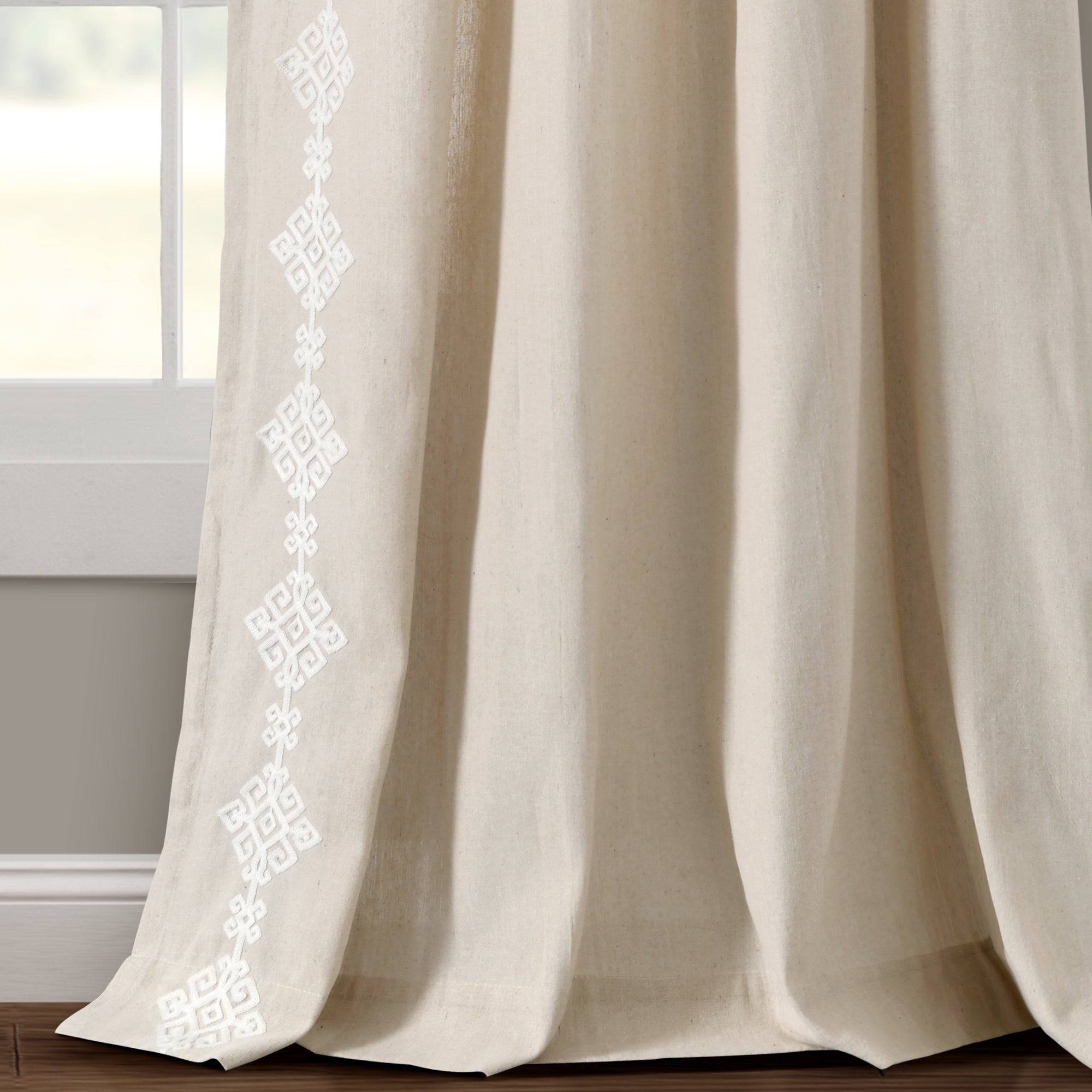 Luxury Modern Geo Linen Like Embroidery Border Window Curtain Panel