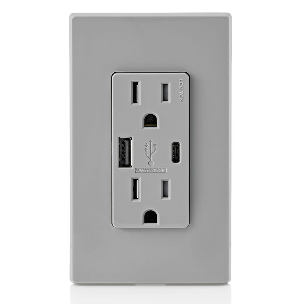 Leviton 15A 125V 5-15R Gray Outlet with USB Type A/C Charger