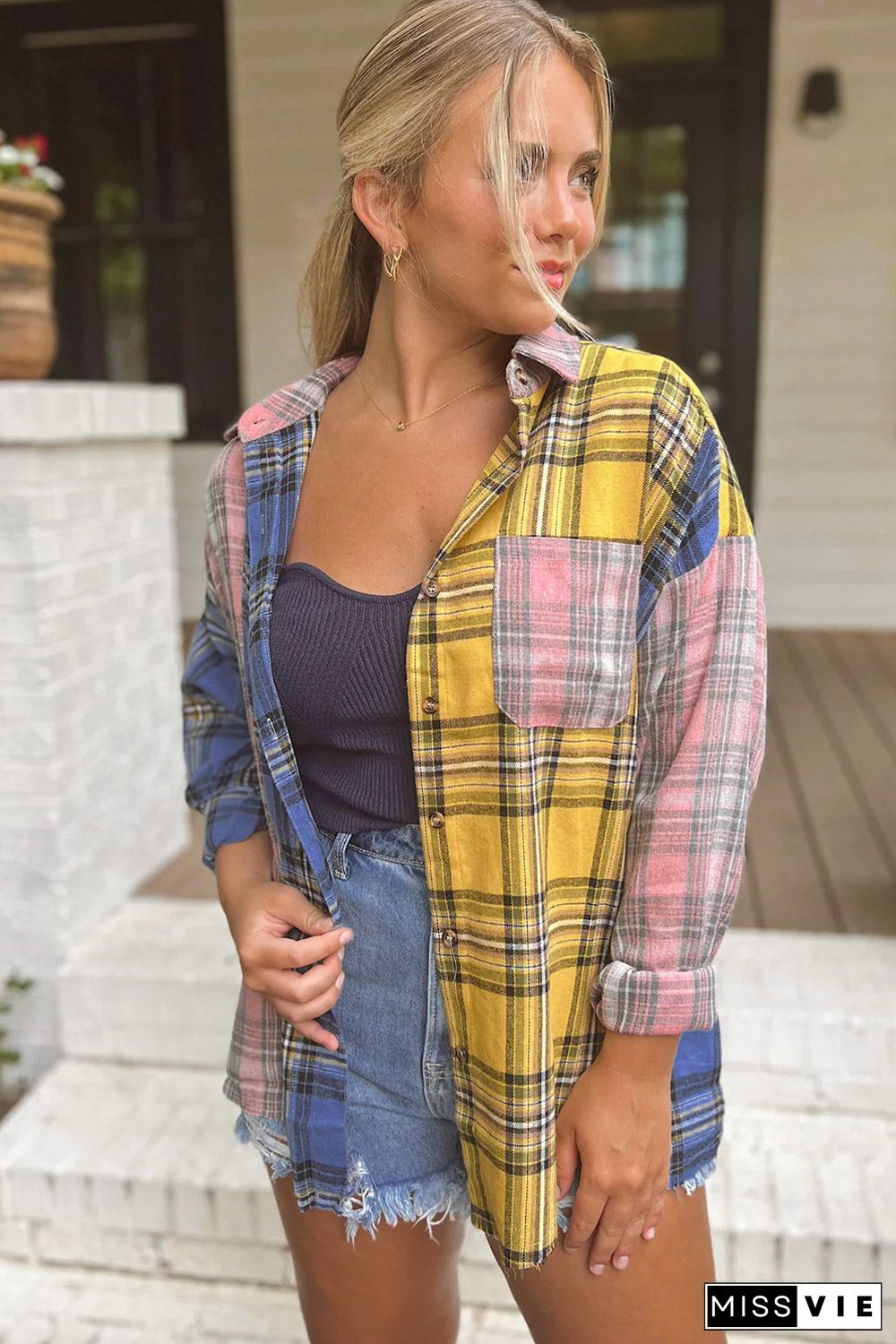 Multicolor Plaid Colorblock Patchwork Shirt