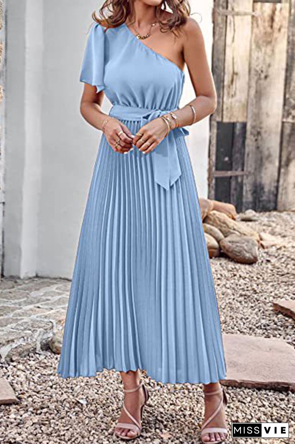 One SHoulder Short Sleeve Smock Maxi Dress