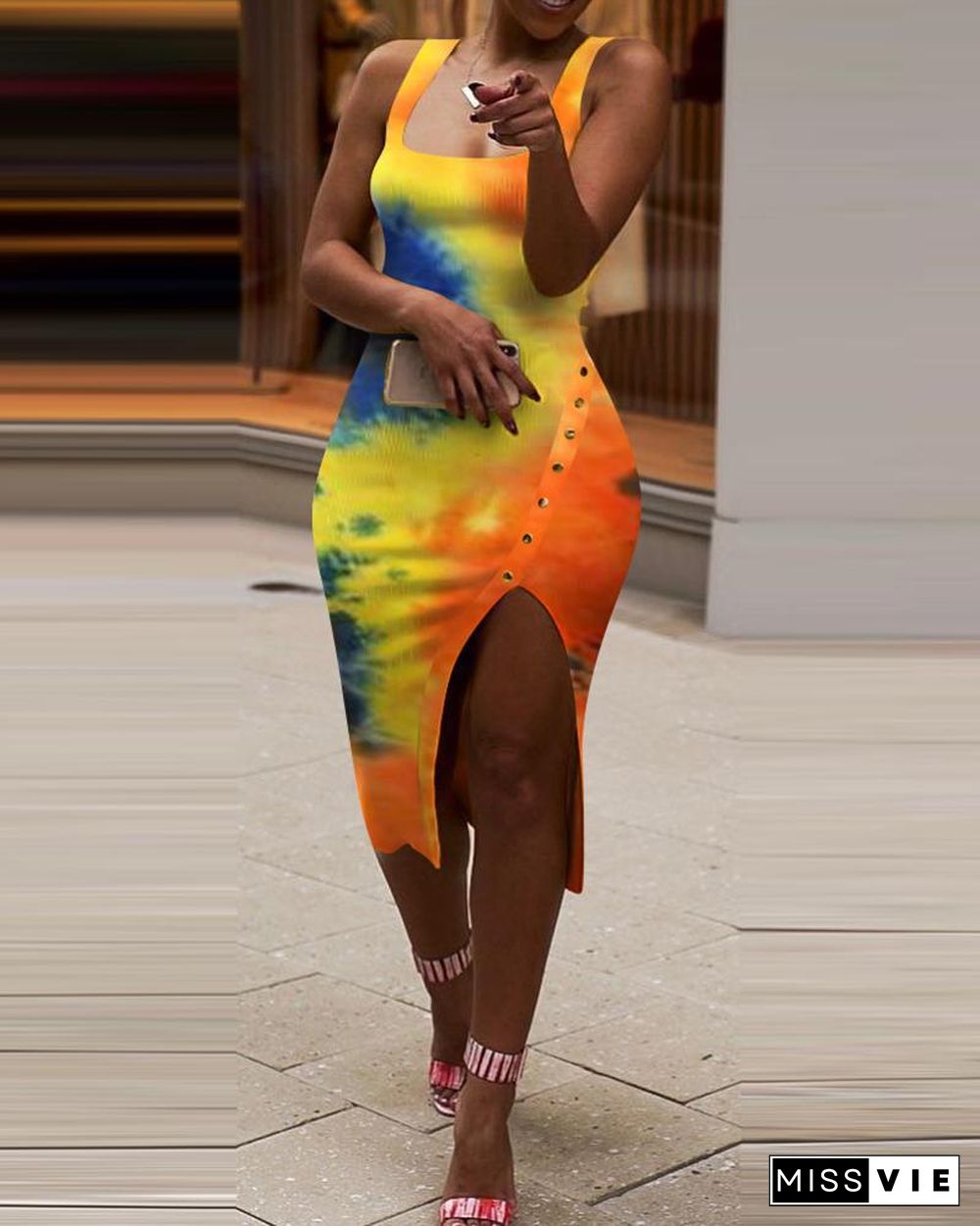 Rivet Decor Tie Dye Print Slit Thick Strap Dress