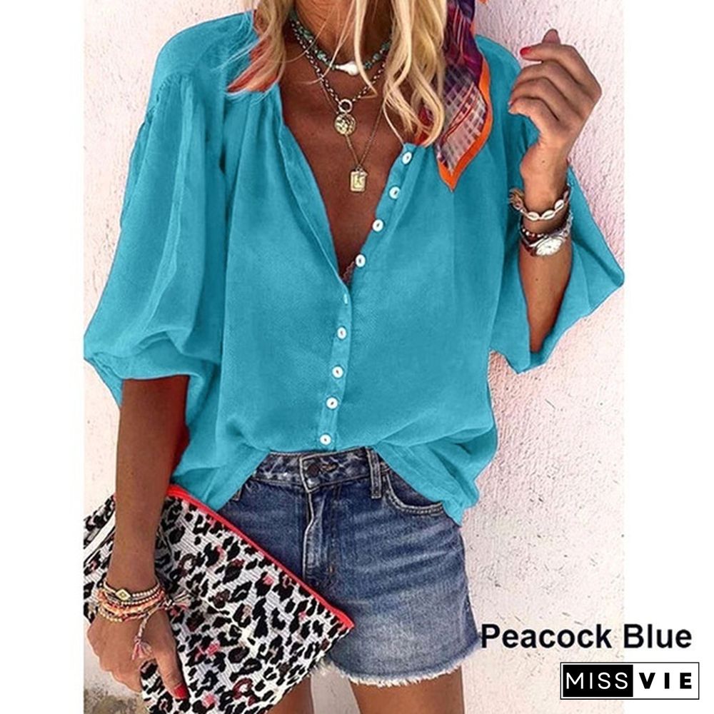 Spring Summer Tops Plus Size Fashion Clothes Women's Causal Long Sleeve Tee Shirts Solid Color Loose T-shirts Ladies Button Up Shirts Deep V-neck Pleated Chiffon Blouses XS-8XL