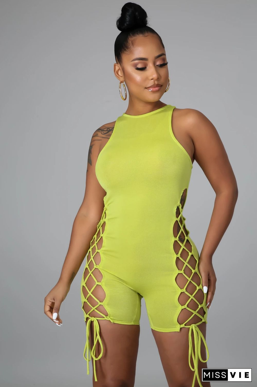 Sleeveless O Neck Hollow Out Bandage Bodycon Romper