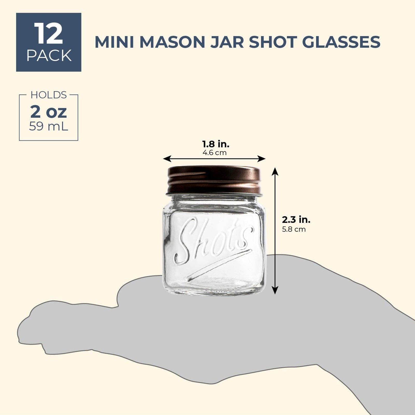 12-Pack Mini Mason Jar Shot Glasses with Lids， Bulk 2 Ounce Glasses for Ginger Shots， Juices， Cocktails， Homemade Sauces， Honey， Jams， Salad Dressings， and Spices