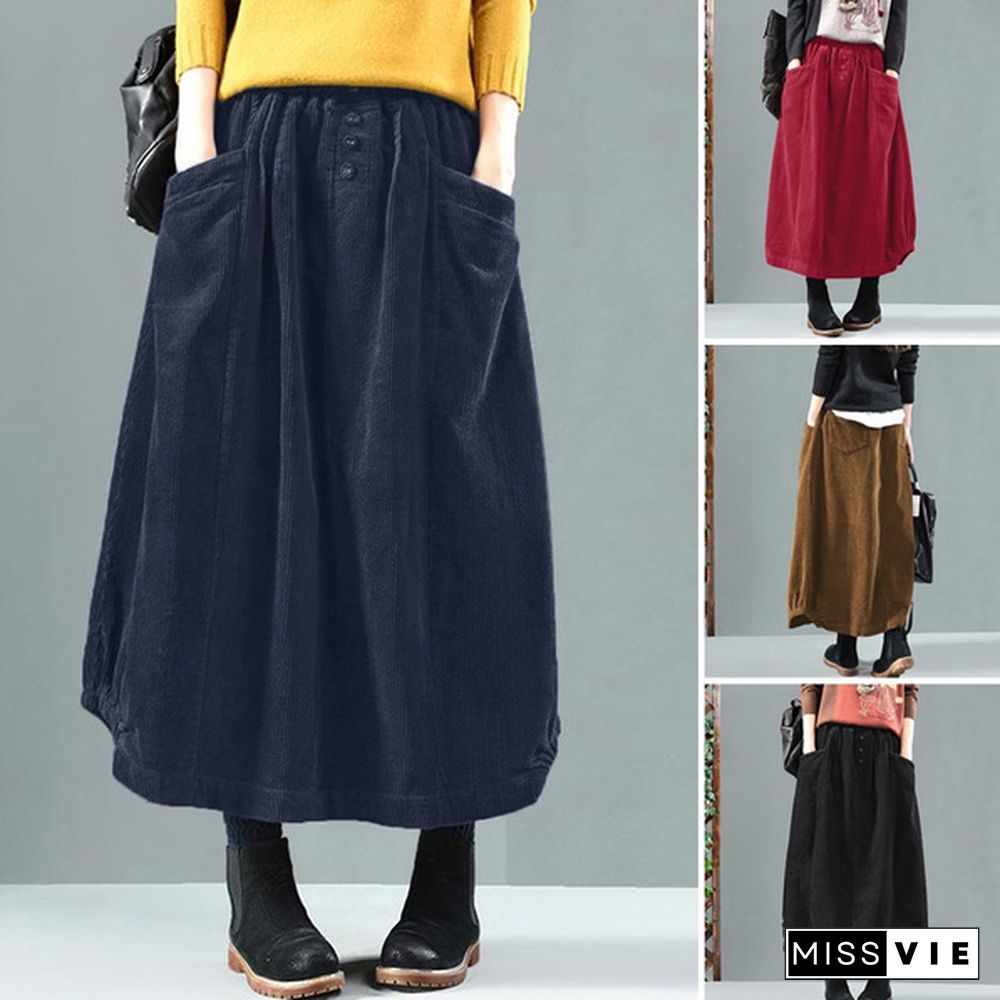 Women High Waist Oversized Loose Dress Button Down Corduroy Long Maxi Skirt Plus Size