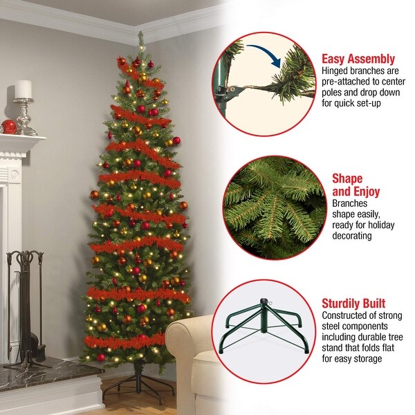 Artificial PreLit Slim Christmas Tree，Green，Kingswood Fir，White Lights，Includes Stand，6.5 Feet