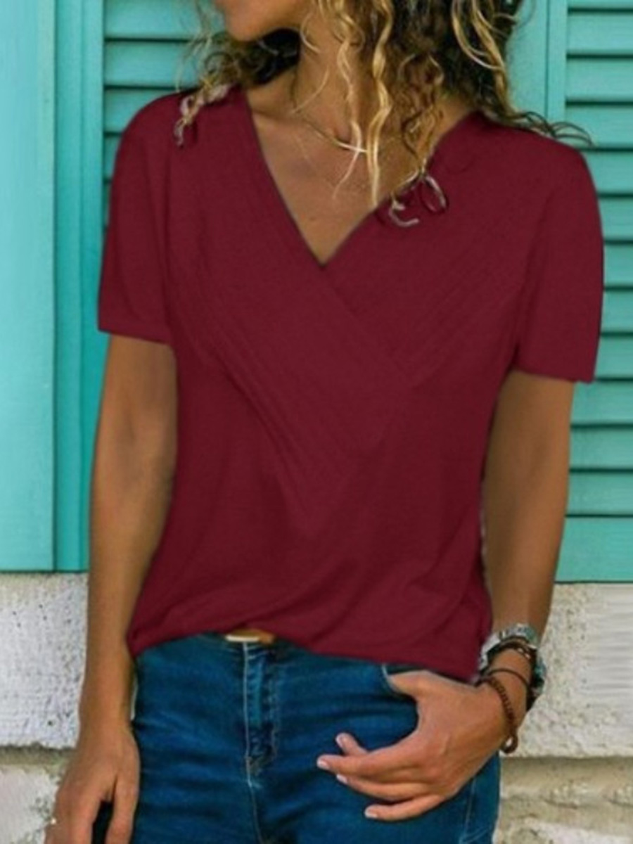 Casual V-neck Solid Color Short Sleeve T-Shirt