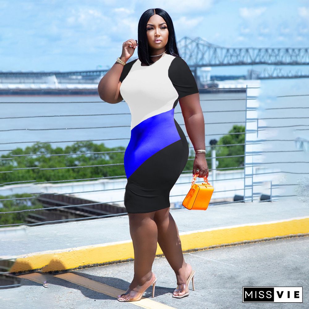 Color Block Short Sleeve Plus Size Pencil Dresses