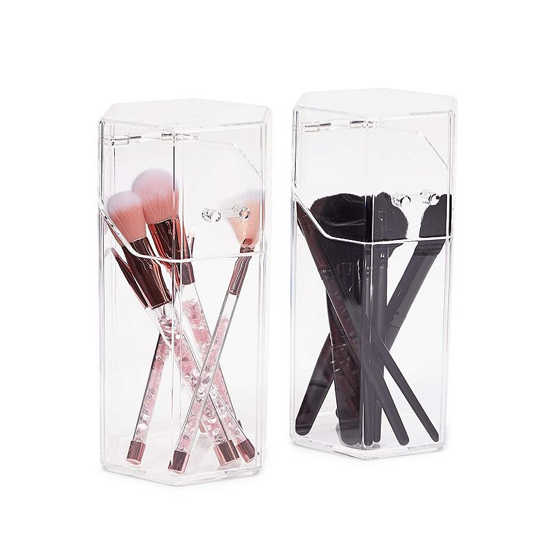 2 Pack Clear Hexagon Acrylic Makeup Brush Holder with Lid， Cosmetic Organizer