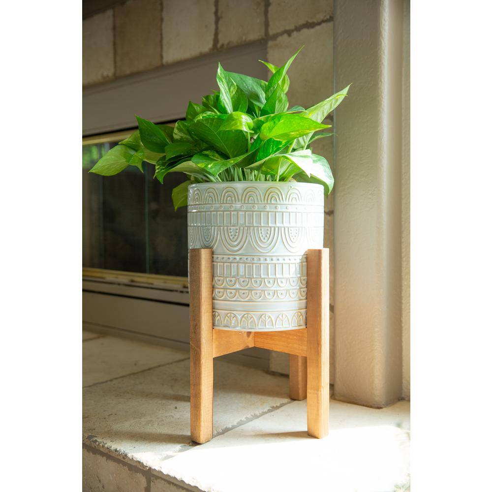 Flora Bunda 10 in. and 8 in. Ivory White Aqueduct Ceramic Plant Pot on Wood Stand Mid Century Planter (Set of 2) CT1472E2-IVORY