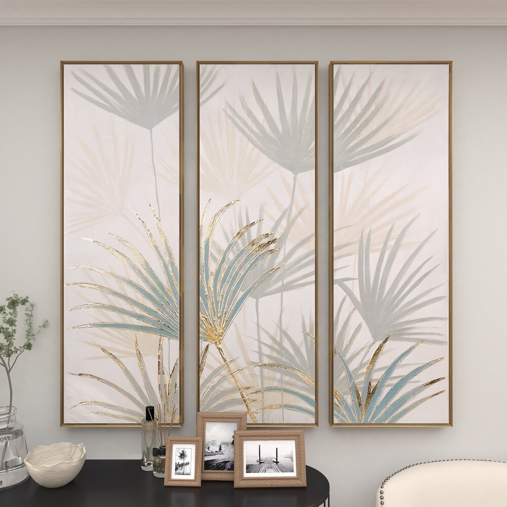 Brown Canvas Palm Leaf Framed Wall Art with Gold Frame (Set of 3)
