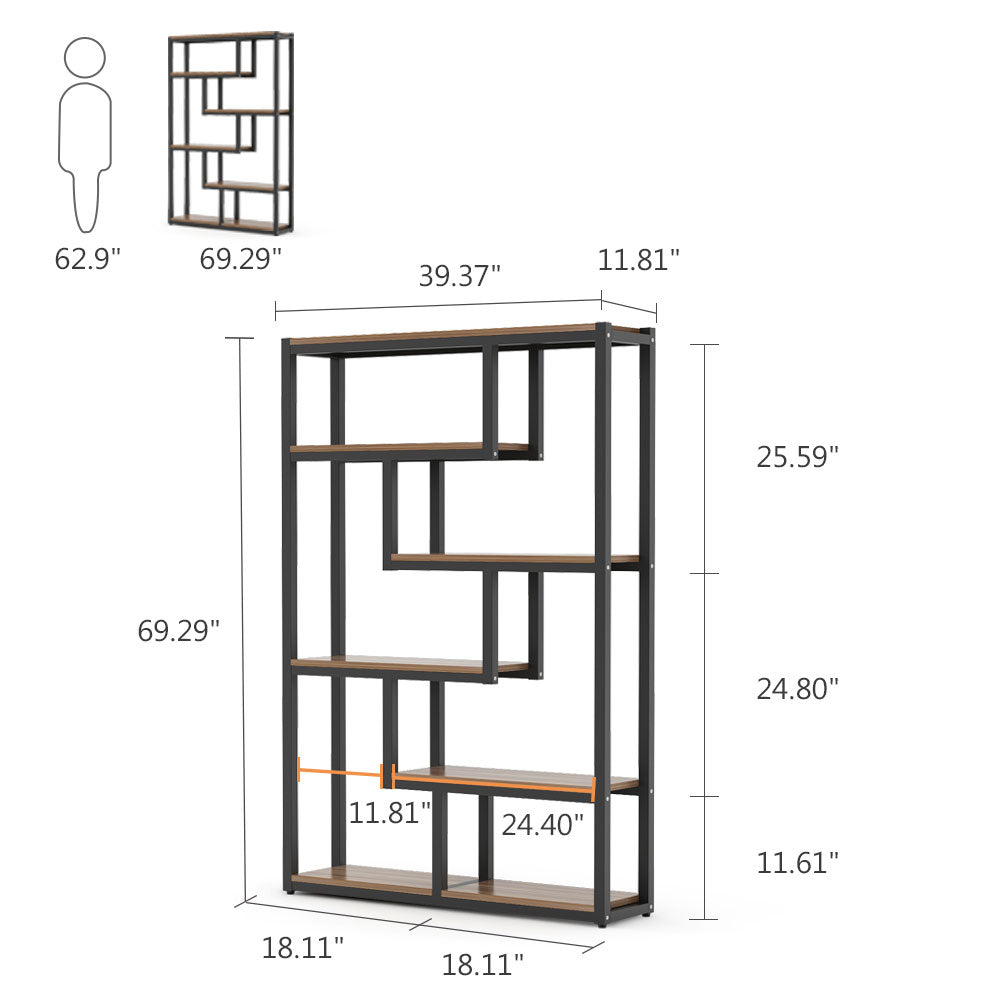 6-Tier Bookshelf, 69 Industrial Etagere Bookcase with Staggered Shelves