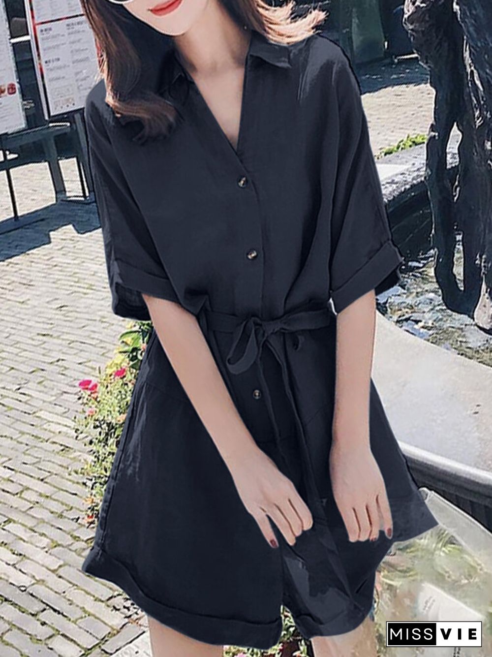 Solid Pocket Lapel Belt Button Front Short Sleeve Romper