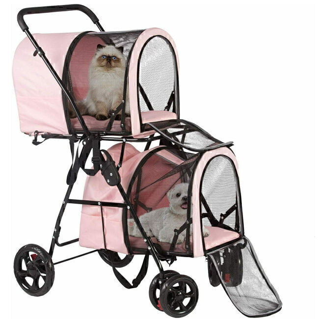 4-Wheel Double Layer Folding Pet Stroller for Cat Dog Jog Travel Pink