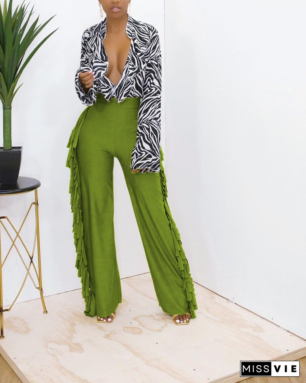 High Waist Tassel Side Straight Wide Leg Pants