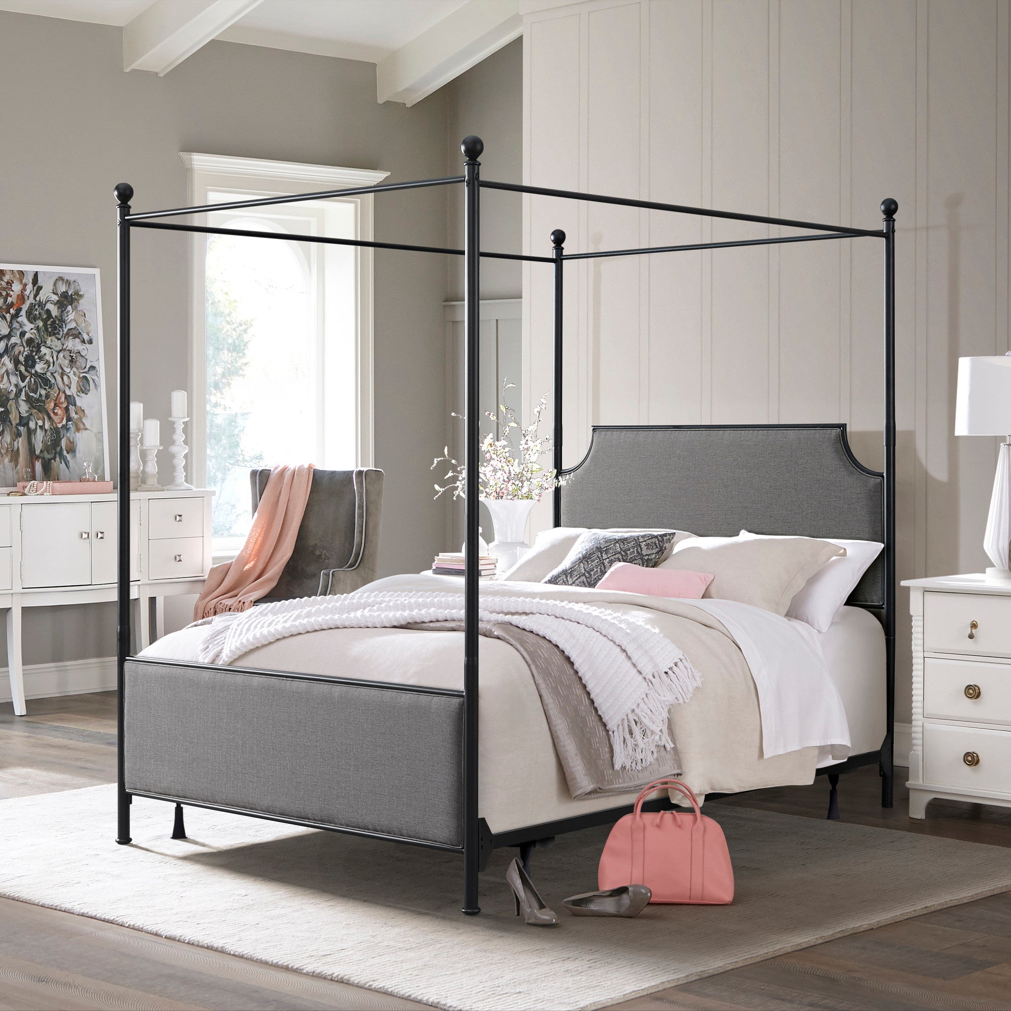 Hillsdale Furniture McArthur Metal Upholstered Canopy Queen Bed, Black Matte with Gray