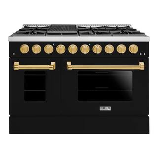 Hallman BOLD 48 in. TTL 6.7 Cu. ft. 8 Burner Freestanding All Gas Range with Gas Stove and Gas Oven Glossy Black Brass Trim HBRG48BSGB