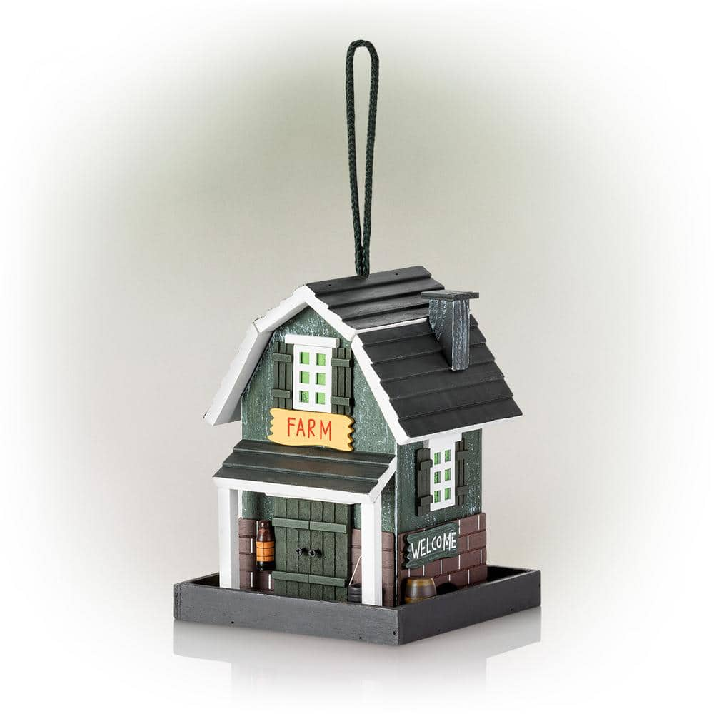 Alpine Corporation 9 in. Tall Wooden Farm Store Hanging or Table Outdoor Bird Feeder House, Black ACM118