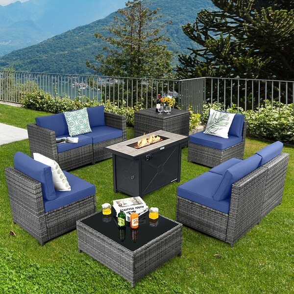 Gymax 9 PCS Patio Rattan Furniture Set Fire Pit Table Storage Black W/