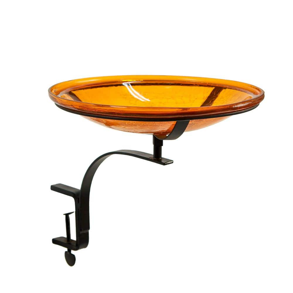 ACHLA DESIGNS 14 in. Dia， Mandarin Orange Reflective Crackle Glass Birdbath Bowl with Rail Mount Bracket CGB-14M-RM