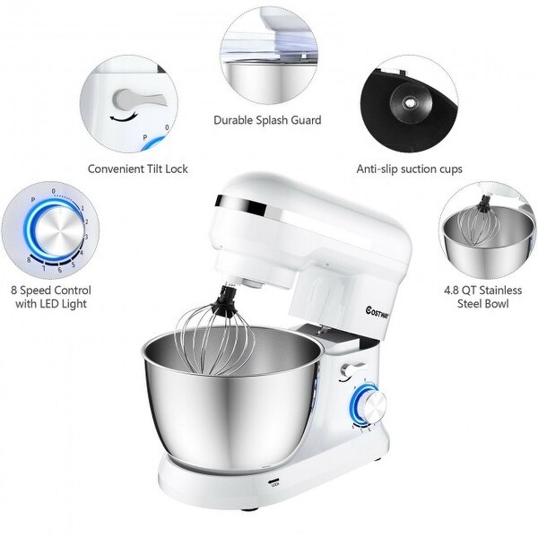 4.8 Qt 8-speed Electric Food Mixer with Dough Hook Beater - 13.5