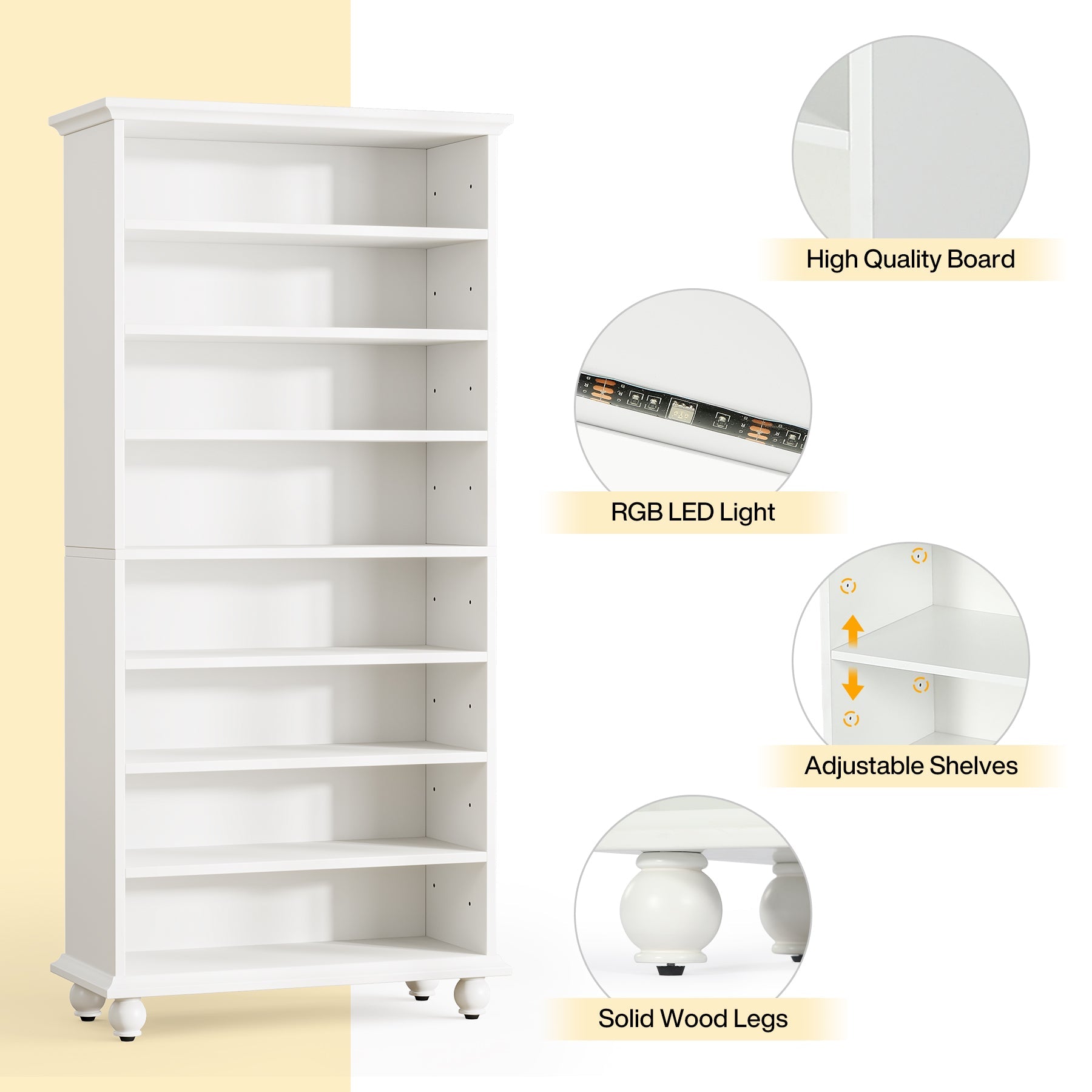 9-Tier Bookcase Wood Bookshelf with LED Lighting & Solid Wood Legs