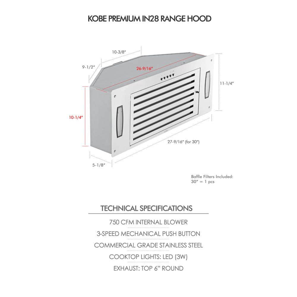 KOBE Range Hoods 30 in 750 CFM Insert Range Hood in Stainless Steel