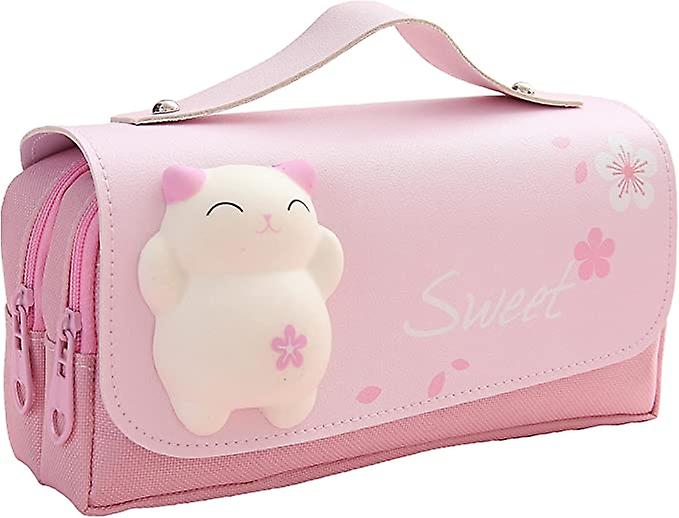 Pencil Case For Girls， Kawaii Pencil Case For Kids， Large Capacity Cute Pencil Case， 3 Compartments， Cartoon 3d Squeezed Cat Toy Decoration， Pink