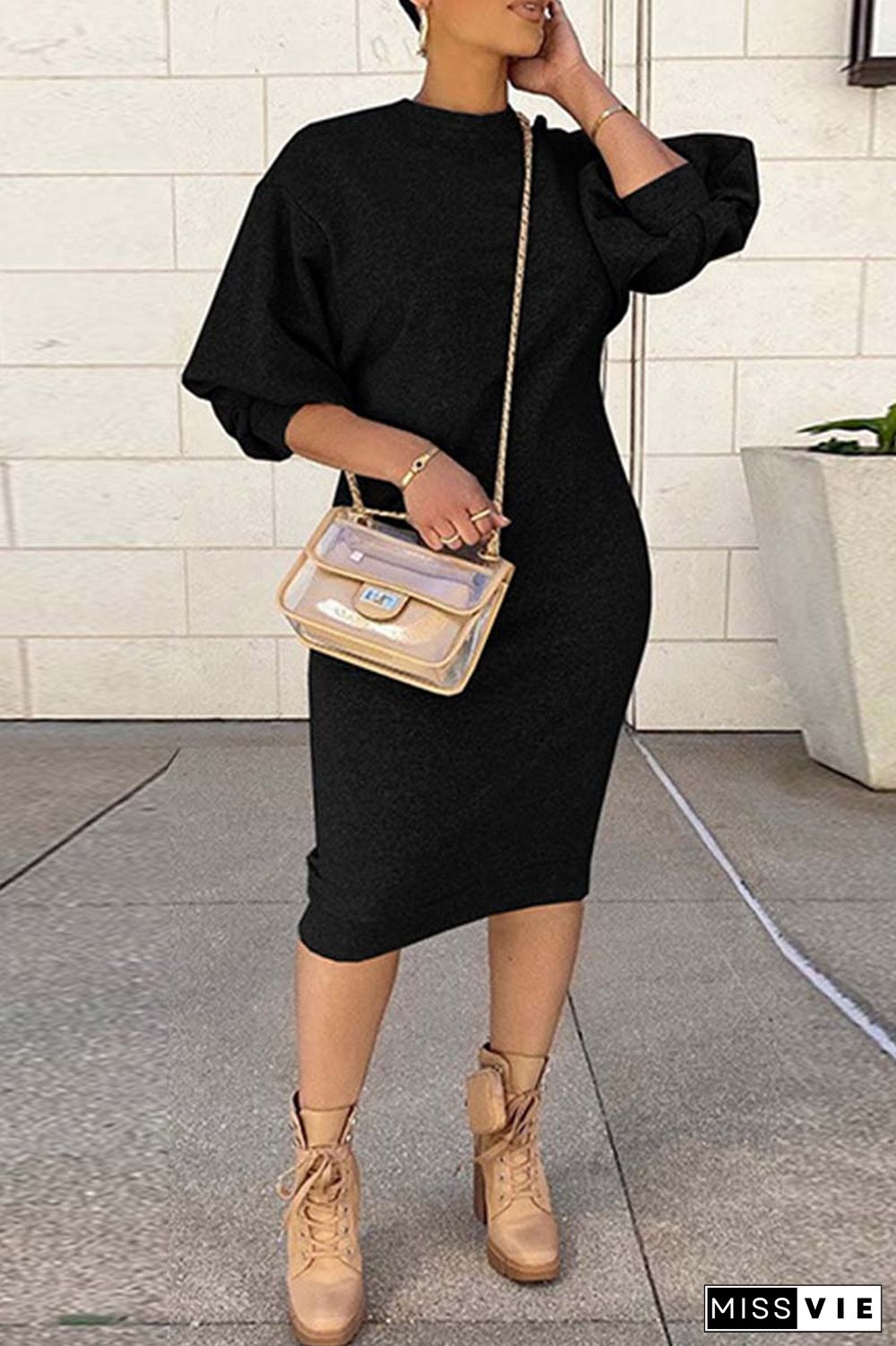 Red Casual Solid Basic O Neck Long Sleeve Dresses