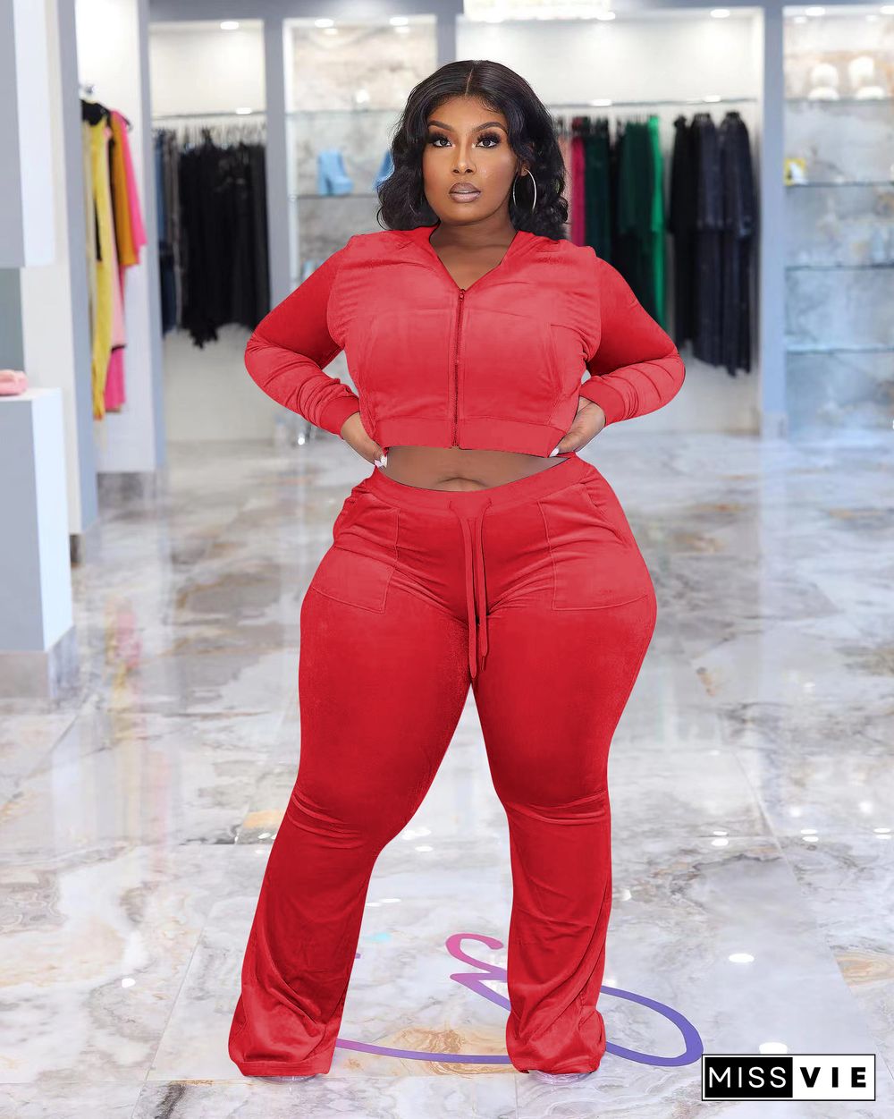 Plus Size Velvet Hooded Jacket Wide Leg Pants Suit