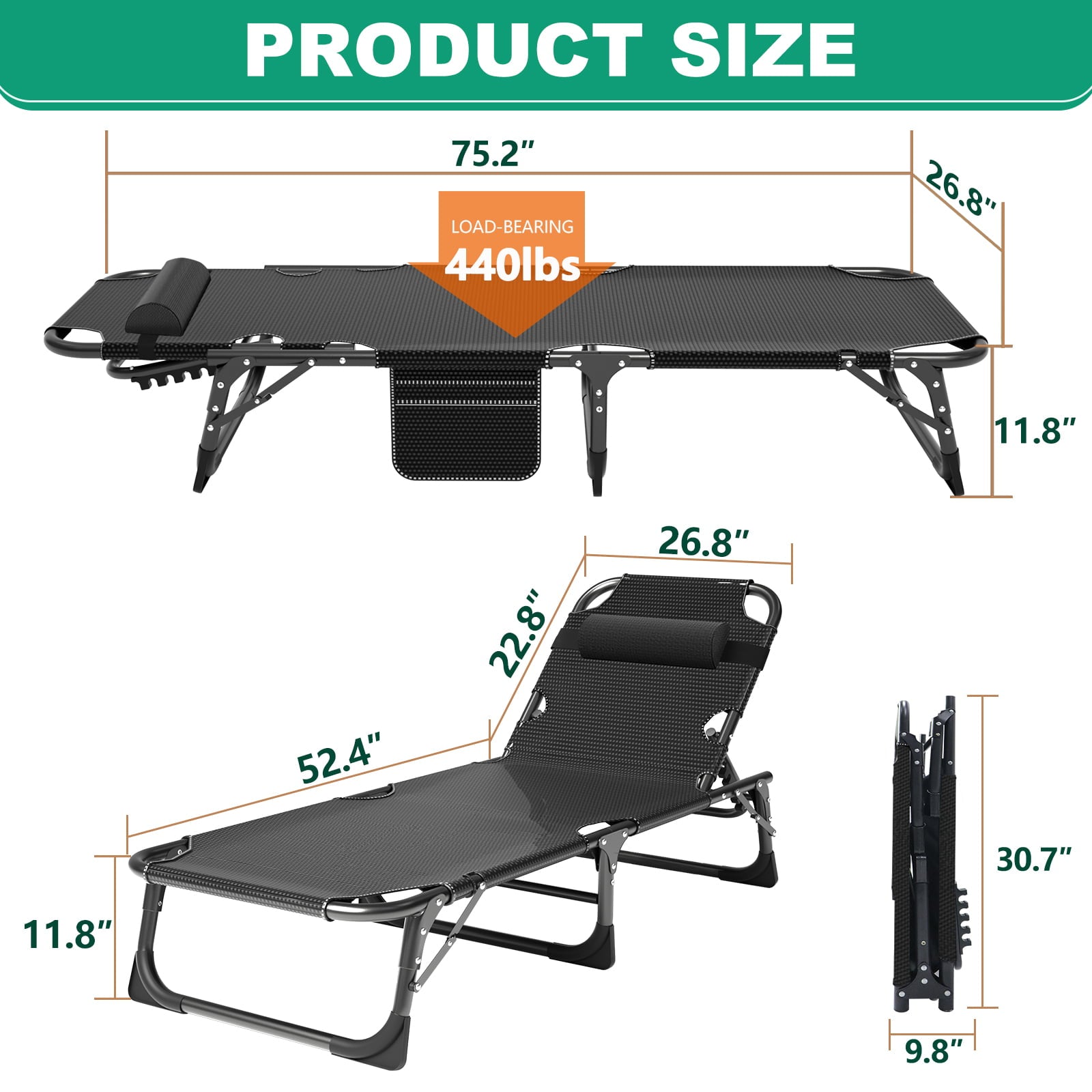 Docred 4-Fold Sleeping Cots for Adults, Folding Chaise Lounge Chairs Outdoor, Portable Folding Bed Cot Lounge Chair for Beach Lawn Camping Pool Sun Tanning