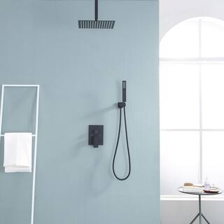 Logmey 2-Spray Patterns with 1.8 GPM 16 in. Ceiling Mount Dual Shower Head and Rough-In Valve Trim Kit in Matte Black LM-SLF16016-B