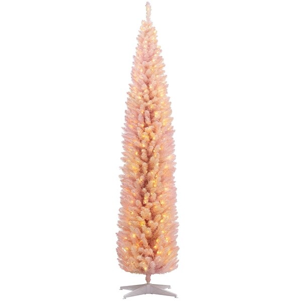 HOMCOM 8' Tall PreLit Slim Noble Fir Artificial Christmas Tree with 300 Warm White LED Lights and 618 Tips