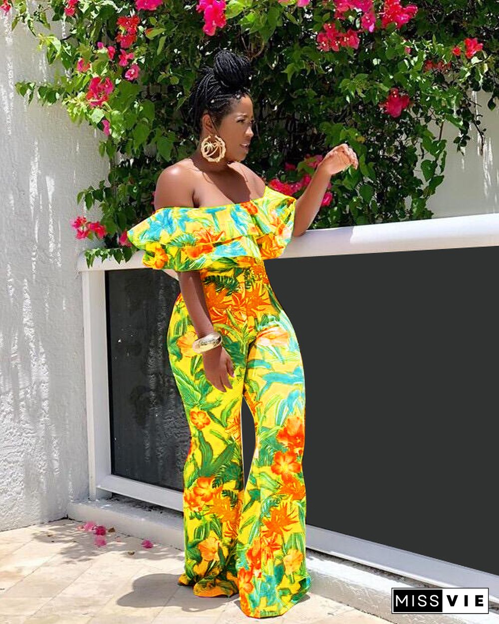 Sexy Off Shoulder Ruffles Floral Printed Wide-legs Jumpsuit