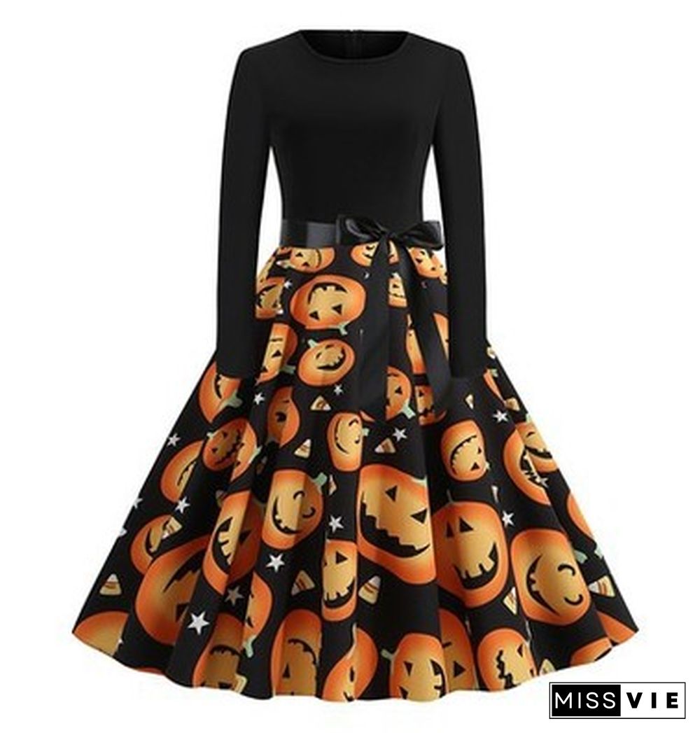 Halloween Print Stitching Long-Sleeved Big Dress