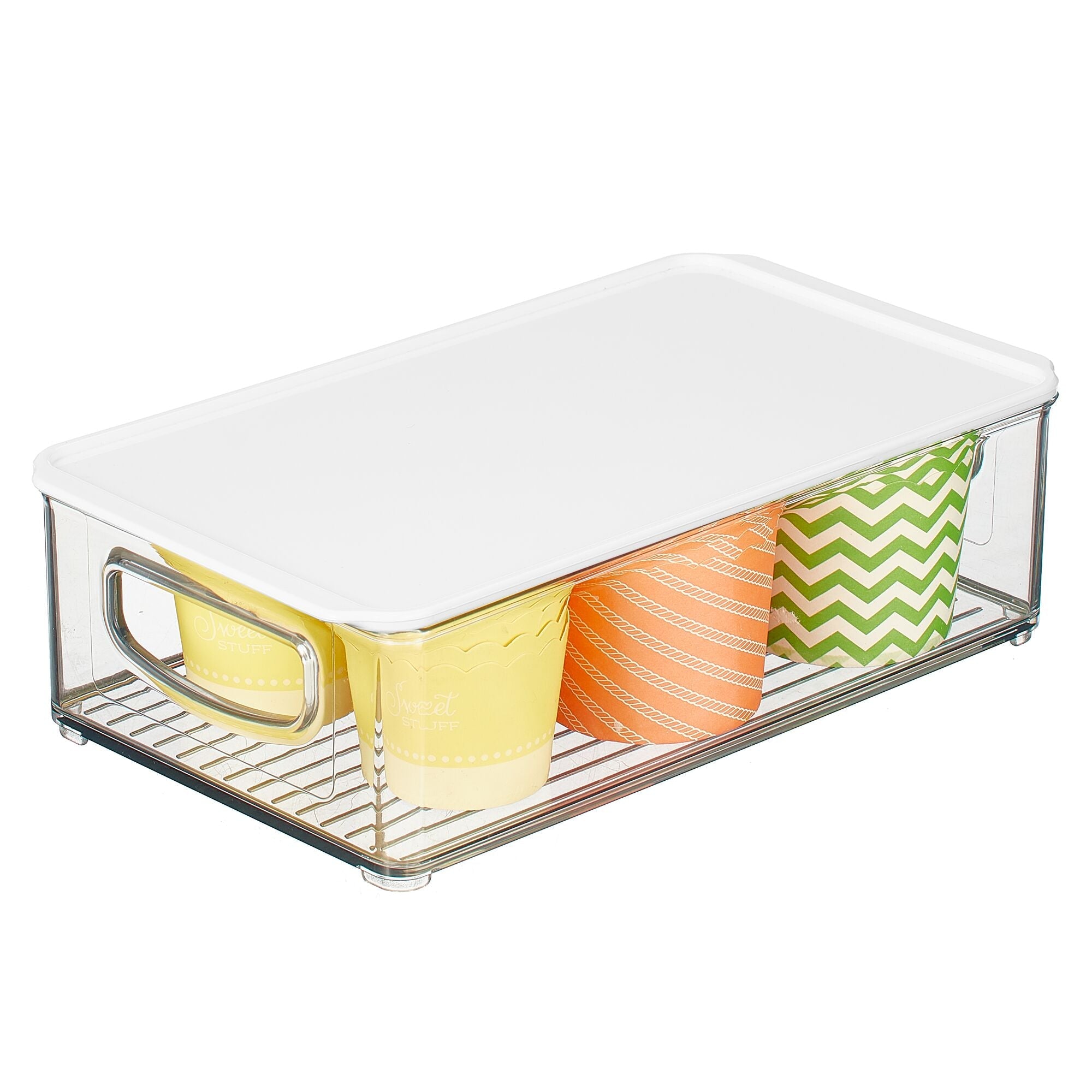 mDesign Plastic Stackable Slim Storage Bin Box with Lid/Handles for Kitchen, Pantry, Fridge/Freezer Organization, Holds Food, Fruit, Jars, Packets, Snacks, Ligne Collection, 6 Pack - Clear/White