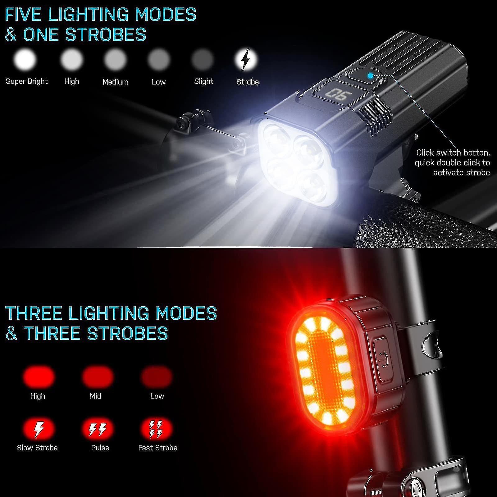 Naiwang Bike Lights Set， Super Bright 2000 Lumen Front Cycling Light， Durable Ip65 Waterproof - Usb Rechargeable With 6 Modes Red Rear Lightblack