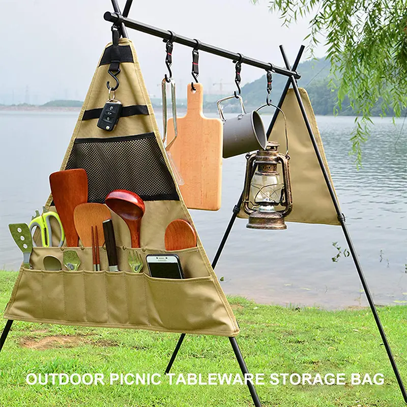 OEM Kitchen Storage Rack Bags For Outdoor Camping Picnic Oxford Triangle Tools Organizer With Hook Camping Supplies Cutlery Bags