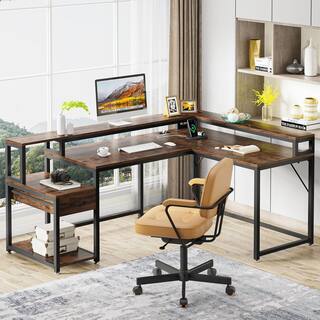 TRIBESIGNS WAY TO ORIGIN Perry 68 in. L Shaped Brown Wood 1-Drawer Computer Desk with Power Outlets and Monitor Stand C-G073