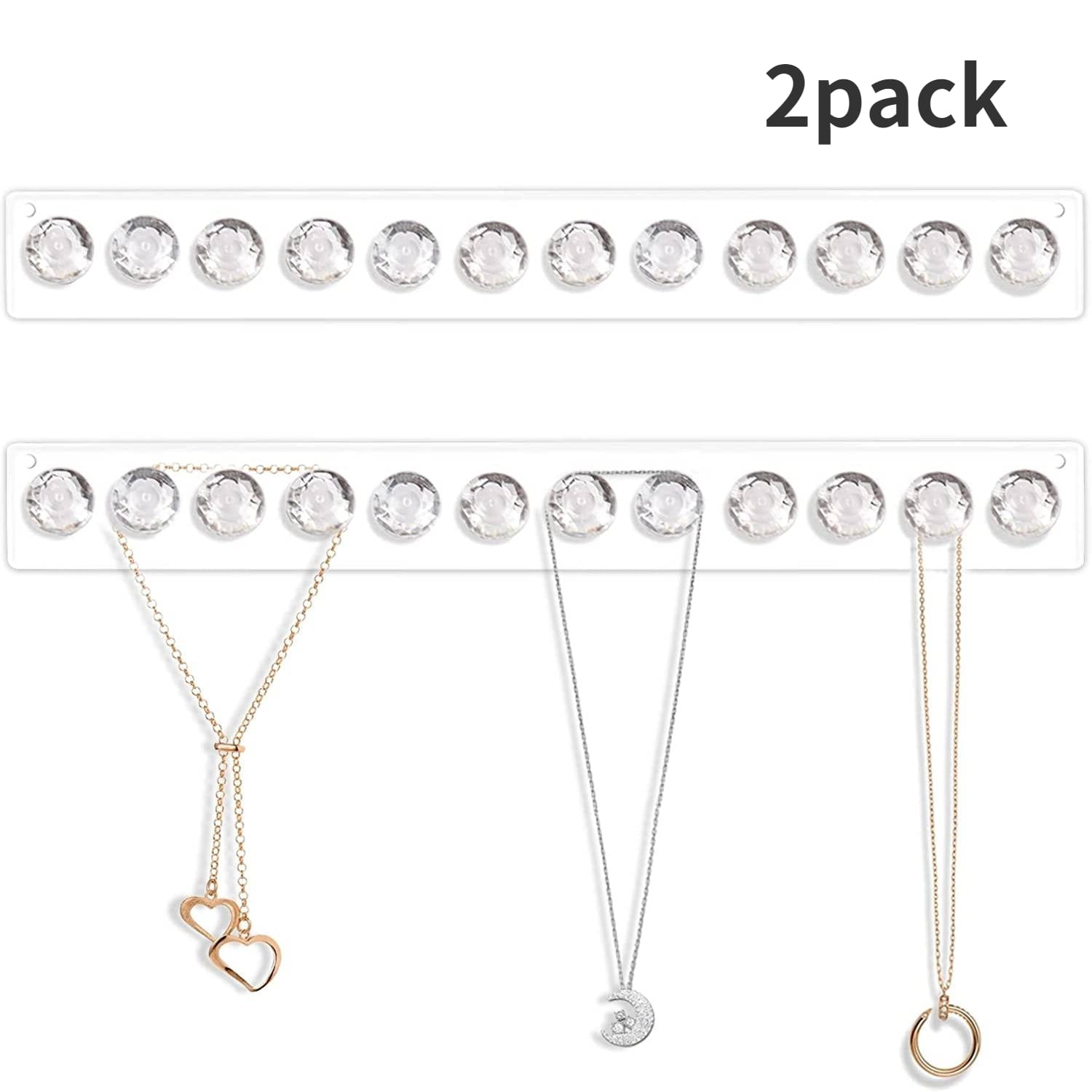 Necklace Holder, Acrylic Necklace Hanger, Wall Mount Necklace Organizer, Jewelry Hooks for Necklaces, Bracelets, Chains (2-pack Clear)