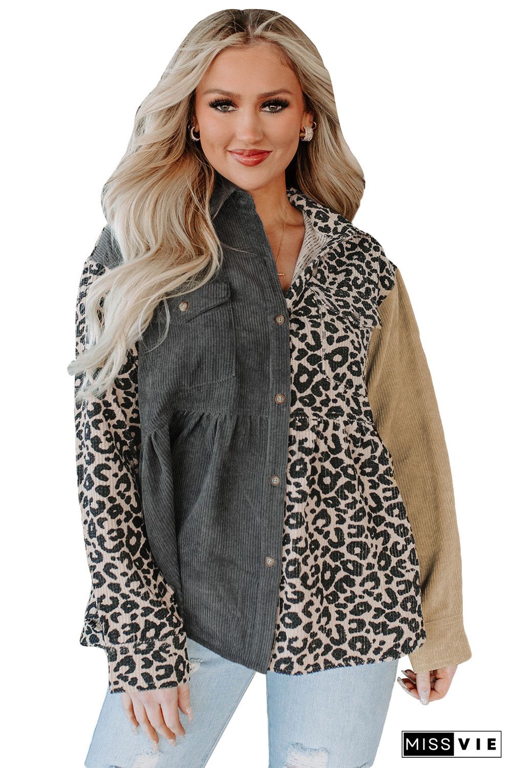 Leopard Colorblock Corduroy Shirt Jacket