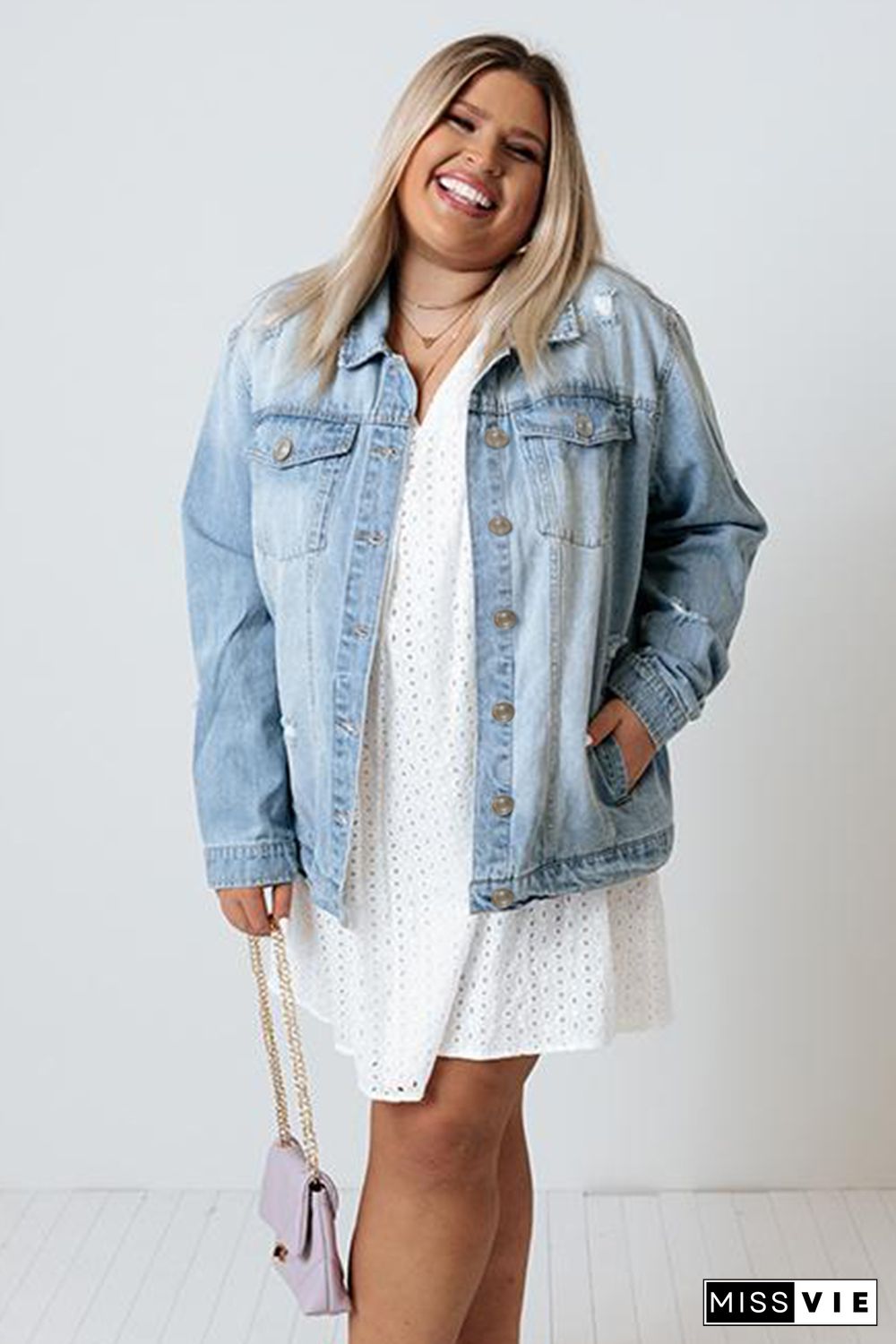 Light Blue Plus Size Washed Pocketed Denim Jacket