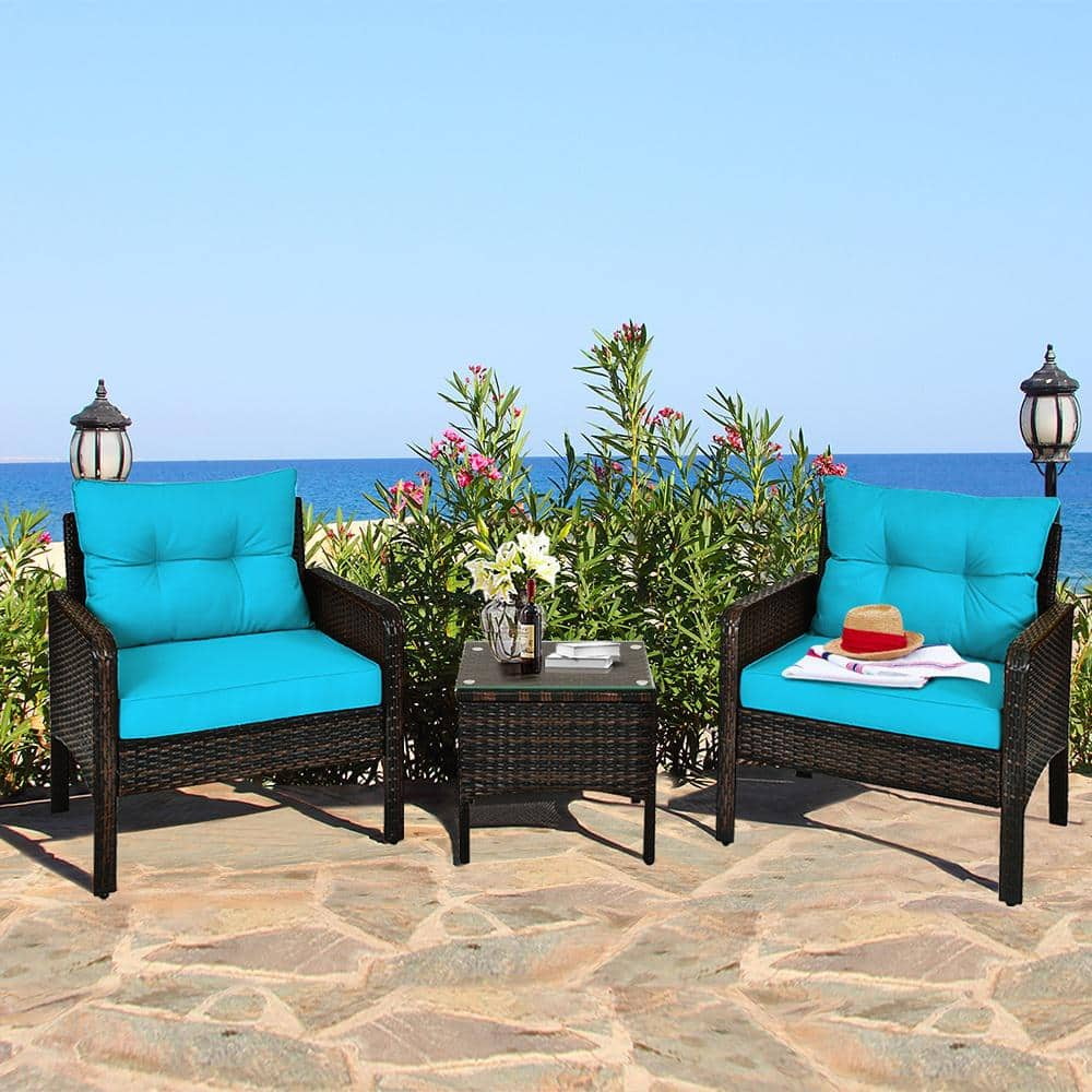 Gymax Rattan 3-Piece Wicker Patio Outdoor Furniture Set Coffee Table with Turquoise Cushion GYM07289