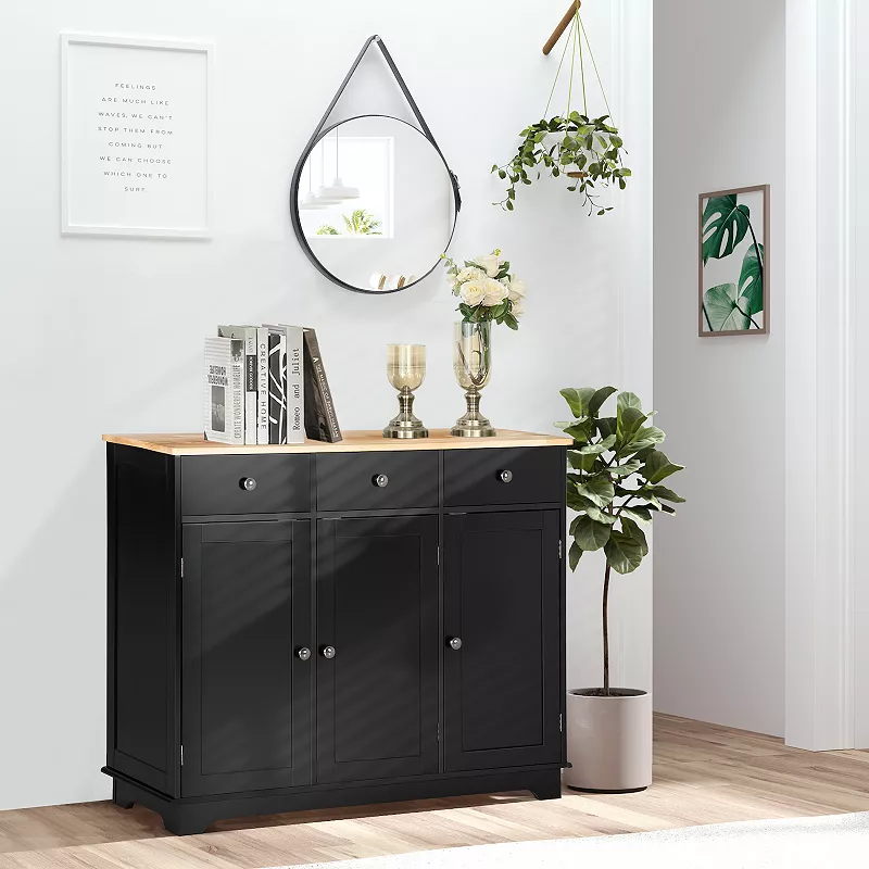 HOMCOM Modern Sideboard with Rubberwood Top， Buffet Cabinet with Storage Cabinets， Drawers and Adjustable Shelves for Living Room， Kitchen， Black